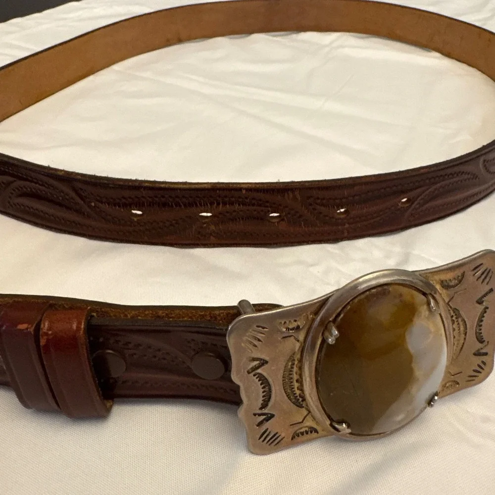 Vintage Handmade Tex Tan Leather‎ Belt Western Style Stone Buckle Brown Size 38